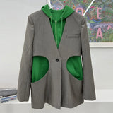 Loose Spring Blazer For Women Hooded Collar Long Sleeve Patchwork Colorblock Blazers Female Fashion Clothing