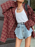 Street Style Red Plaid Shirts Women Irregular Long Sleeves Oversized Blouses Spring 2023 Loose Gingham Tops
