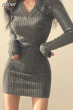 Sexy V-Neck Slim Ribbed Knitting Bodycon Dress for Women Korean Long Sleeve Sweater Mini Dresses Autumn Winter 2023