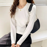 And Autumn Simple Slim Bottomed Shirt Women 2023 Autumn And Winter New Style White Shirt With Round Collar And Long Sleeves T-Shirt-Outfit