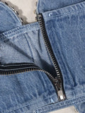 Women's Denim Short Tank Tops Strapless Diamonds Lace-up Heart Patchwork Slim Bra Camis 2024 Summer New Fashion 29L2834-Outfit