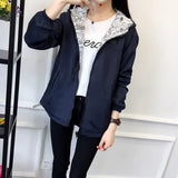 Spring Autumn Women Basic Jacket Pocket Zipper Hooded Two Side Wear Cartoon Print Outwear Loose Coat Windbreaker Female