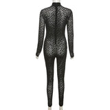 Leopard Print Mesh Skinny Jumpsuit Women One Shoulder Sleeveless Patchwork Fitness Party Activewear Basic Wild Female