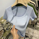 Desire Hot Girls Sexy U-Collar Collarbone Short Navel Chic Blouse Tight Elastic Short-Sleeved T-Shirt Women's Summer Ins Trend-Outfit