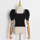 Patchwork Diamond Sweater For Female Square Collar Puff Short Sleeveless High Waist Slimming Women's Sweater