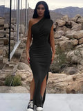 Summer Sleeveless White Casual Party Maxi Dresses For Women 2022 One Shoulder Ruched Side Split Red Black Bodycon