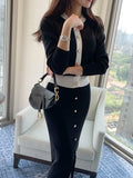 Women Autumn Pink/Black Colorblock O-Neck Single Pearl Breasted Knit Cardigan +Elastic Split Long Skirt Set Elegant 2 Piece