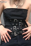 Metal Adjustable Buckle Asymmetric Tops Goth Sexy Clothing Trendy Backless Crop Top Black Y2k Streetwear