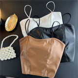Women Faux Leather Strap Tops Elastic Ruched Lace Splice PU Leather Y2K Tops Summer Sexy Off Shoulder Short