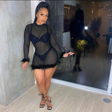 Feathers Mesh See Through Black Dress Sexy Club Outfits Womens Clothing Long Sleeve Bodycon Short Dresses