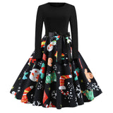 Sells Popular Christmas Fashion Retro Round-Collar Printed Long-Sleeved Hem Dresses In Stock-Outfit