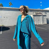 Women Two Piece Pleated Pants Suits Casual Chic Solid Color Long Sleeve Shirts Straight Leg Trousers Set Matching Sets New-Outfit