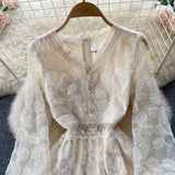 Style Femininity Waist Thin Knee Long Sleeve First Love Dress A Elegant Temperament V-Neck Lace
