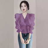 Hong Kong Flavor Lotus Leaf Side V-Neck Shirt 2025 Design Feeling Waist Thin Chiffin Shirt