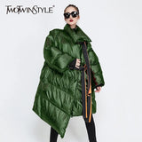 Patchwork Ribbons Irregular Women's Down Jacket Lapel Collar Long Sleeve Warm Cotton Coats Female Autumn Winter