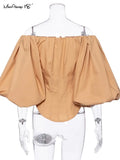 Lantern Sleeve Elegant Khaki Blouse Women Sexy Party Off Shoulder Top Ladies White Black Shirt Cotton Bodycon