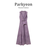 Temperament Lightly Ripe Purple V Neck Dress With Thin Neck Dress Women Summer Sleeveless A Word Slings Long