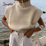 Casual high neck Sleeveless women's sweater vest With Shoulder Pads Knitted Pullover Fashion Autumn Winter jumper