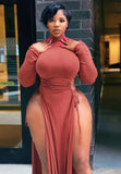Plus Size Sexy High-Neck Long Sleeve Wasit Tie Slit Long