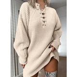2022 Autumn Winter Sweater Dress Solid Color V Neck Lace Up Knitted Mini Dress Casual Loose Elegant Thick Warm Sweater