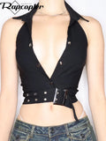 Y2K Button Corset Top Bandage Turn Down Collar Retro Crop Top Backless Sexy Elegant Strecthy Sweats Women Party