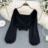 Fashion V-Neck Folded Collared Collared Collared Long-Sleeved Sleeve Cover Female Chic Short-Term Navel