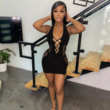 See Through Summer Mini Dresses For Women 2022 Long Sleeve Bodycon Dress White Black Hollow Out Knitted Sexy Party