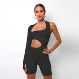 Casual Sports Hollow Out Skinny Fitness Shorts Jumpsuit Women Fashion Asymmetry Long Sleeve Workout Slim Soft Jumpsuit-Outfit