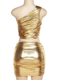 Summer Sexy Crop Top And Skirt Sets Club Outfit For Women 2023 One Shoulder 2 Two Piece Sets Female Silver Matching