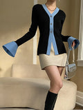 Fashion Women Knitted Cardigan V-neck Spliced Denim Flare Sleeve Contrast Color Sweater Coat Spring 2023 Trend New