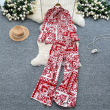 Familiar Wind Wearing A Female Fashionable Loose-Fitting Long-Sleeved Printed Shirt + High-Waisted Casual Broad-Legged Trousers