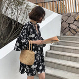 Women Floral Holiday Ins V-Neck Trendy Temperament Casual Vacation Empire Ladies Vestidos Elegant Korean Style