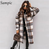 2021 Khaki Autumn Loose Plaid Single Breasted Long Coat Jacket Women Pocket Casual Long Sleeve Winter Jacket Coat