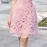 New Pink Dress Women Vintage Lace Embroidery Hollow Bodycon Dress High Waist Ruffle Sleeve Mini Party Vestidos