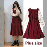 Women Retro Temperament Plus Size Long Sleeve Square Collar New Party Holiday Patchwork A-Line Female Fashion