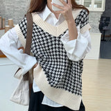 Houndstooth Knitted Vest Autumn Casual V-Neck Sleeveless Sweater Tops Winter Fashion Female Waistcoat Pullover Jumper