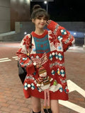 Autumn Sweet Knitted Tops Red Age Reduction Pullover Loose Lazy Contrasting Colors Winter Clothes Women Fashion