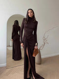 And Winter Fashion Women's High-Necked Long-Sleeved Splicing Strap To Close The Waist-Repair Temperament Solid-Colored Dress