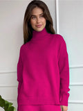 Women Turtleneck Knitted Sweater Set Casual Solid Sweater High Waist Wide Leg Pant Suit 2022 Autumn Fashion Lady Knitwear