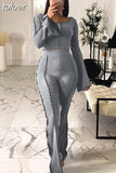 Autumn Solid Anti Traffic Line 2 Two Piece Sets Casual Outfit For Women 2023 Casual Crop Top And Flare Pants Set