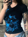 Y2K Cartoon Print Crop Top Grunge Fairycore T Shirt Black Short Sleeve O Neck Pullovers Women Summer Casual Basic
