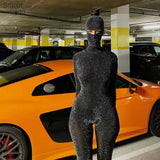 Sisterlinda Sexy Backless Shiny Jumpsuit+Mask Two Piece Outfits Women Matching Set 2021 Spring Night Party Club Femme