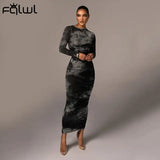 Tie Dye Print Long Sleeve Maxi Dress Women Solid Bodycon Ruched Wrap Dress Female Fall Ladies Pleated Sexy Party