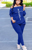 Print Slash Shoulder Shirt and Pants Casual 2 Piece