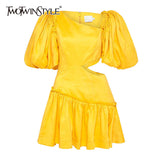 Hollow Out Sexy Dress For Women Skew Collar Puff Sleeve High Waist Mini Summer Dresses Female Fashion New