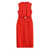 Elegant Sleeveless Round Collar Buckle Dress Dress Stylish