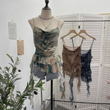 Shoot Spice Girl Swing Network Yarn Print Sling Vest Retivating Lotus Leaf Side Ribbon Short Top