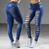 Women Skinny Slim High Waist Stretchy Woman Pants Bodycon Streetwear Hole Washed Denim Pencil Trousers
