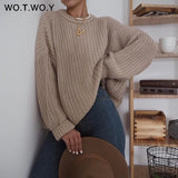 WOTWOY Elegant Autumn Oversized Sweater Women Solid Loose Knitted Sweaters Women Long Sleeve Pullover Female Jumper Cashmere