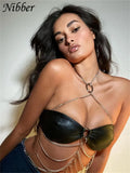 Exotic PU Leather Bikini Chain Halter Design Solid Color Sexy Camisole For Hot vest Women Party Night Clubwear Top-Outfit